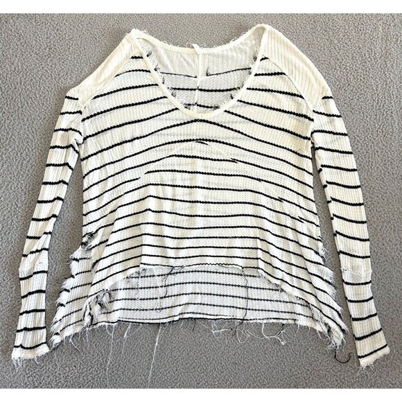 Free People Waffle Knit Thermal Top Cream Ivory Blue Raw Hems Oversized - Picture 1 of 16